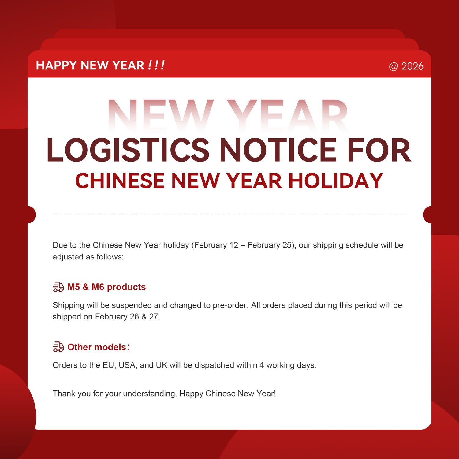 Logistics Notice for Chinese New Year Holiday