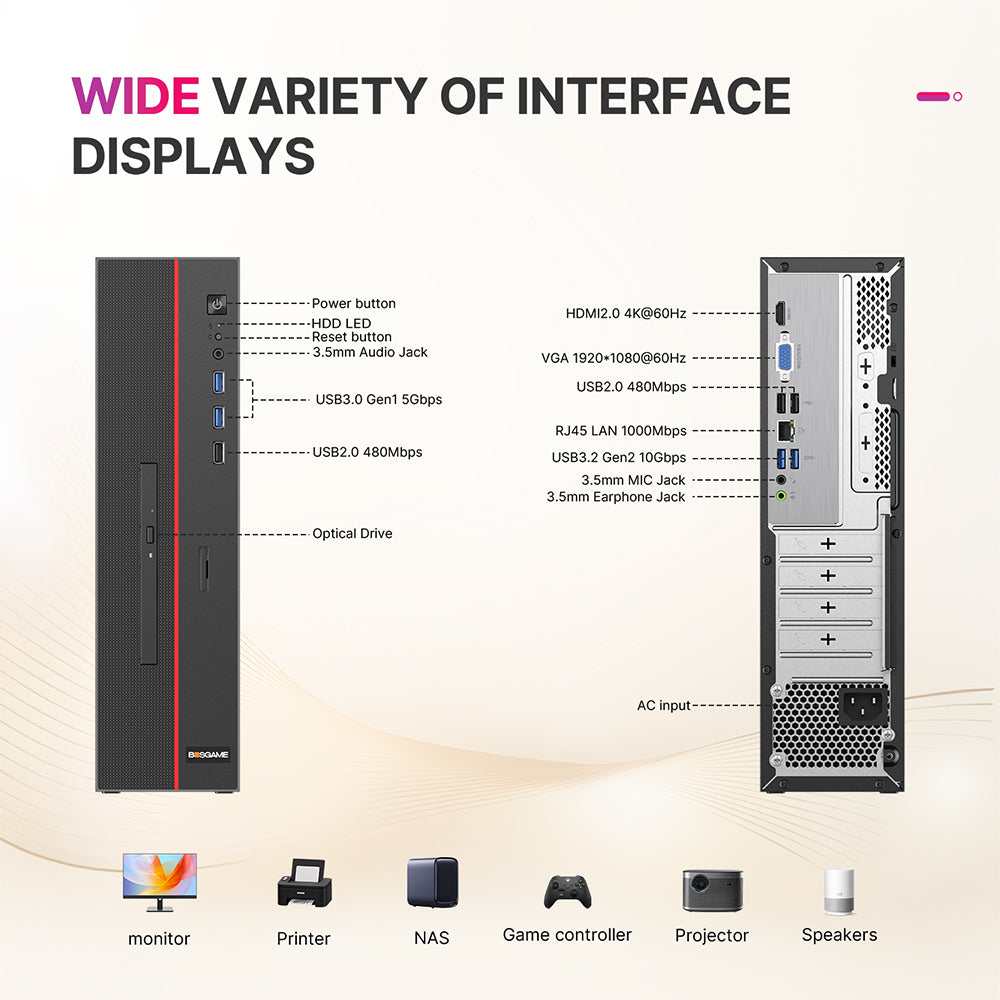 VX40 Tower Desktop Computer,8L Compact Case, Intel Core i5-12450H, 8GB DDR4 1TB NVMe SSD,4K Dual Display, WiFi 6