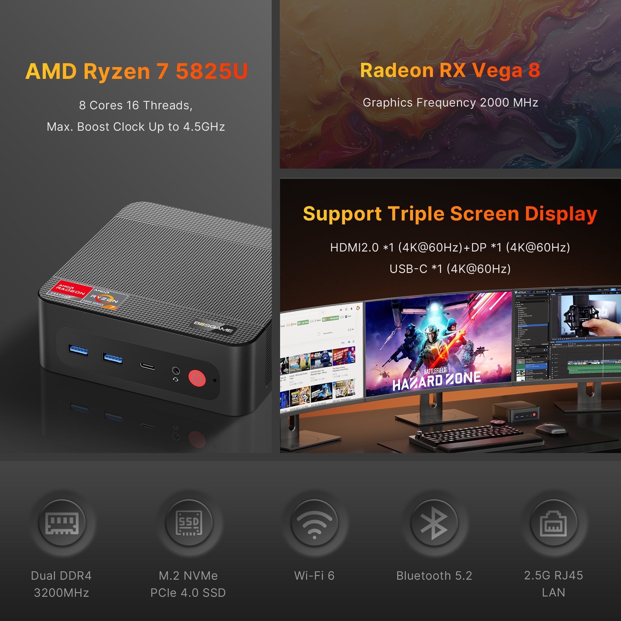 Bosgame P4Plus mini pc, AMD Ryzen7 5825U Processor, 16GB DDR4+512GB SSD