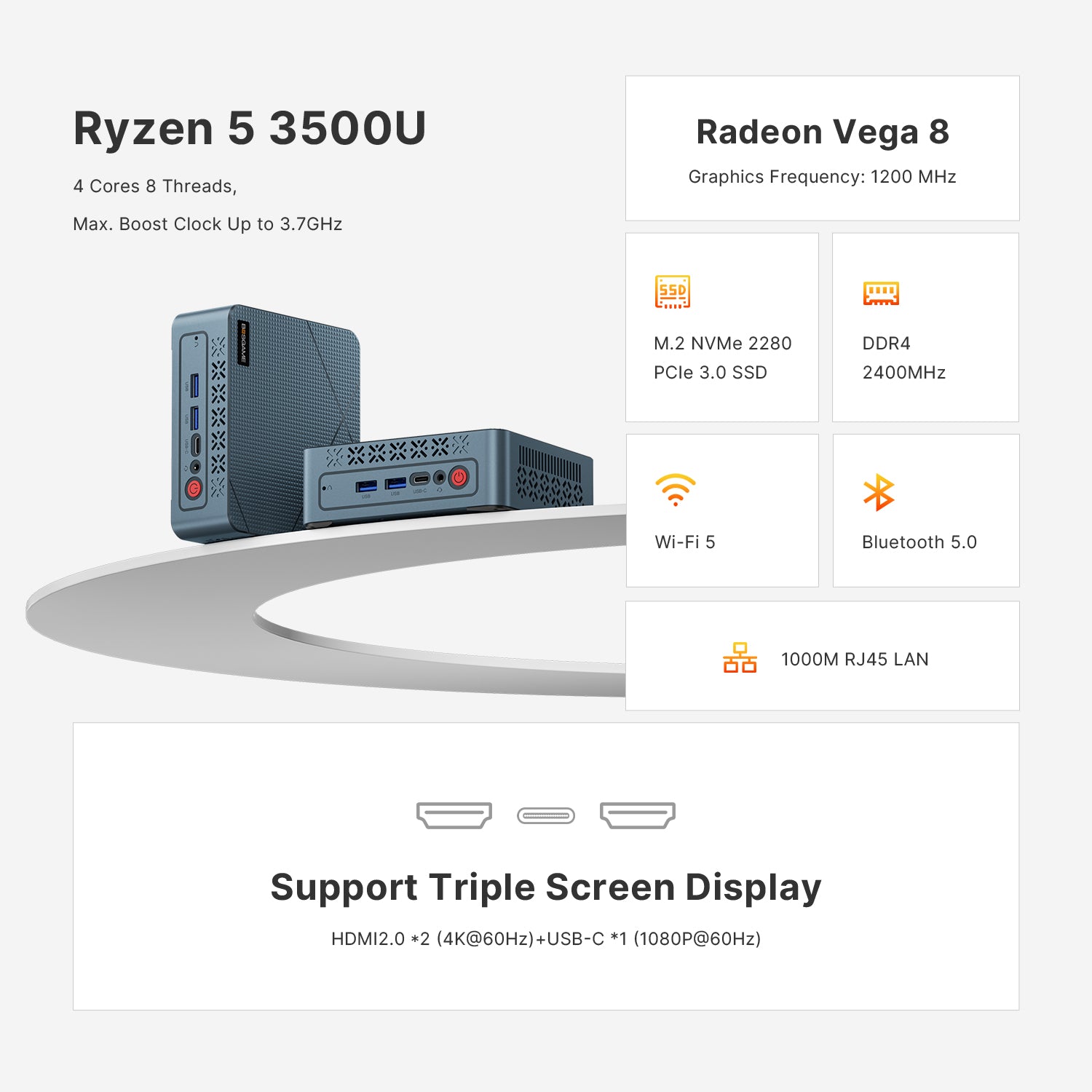 BOSGAME E2 NEO Mini PC AMD Ryzen 5 3500U (up to 3.7GHz), 16GB DDR4 RAM 512GB NVMe SSD, 4K Triple Display via Dual HDMI & USB-C, WiFi 5, BT 5.0, Mini Enterprise Office Desktop Computer
