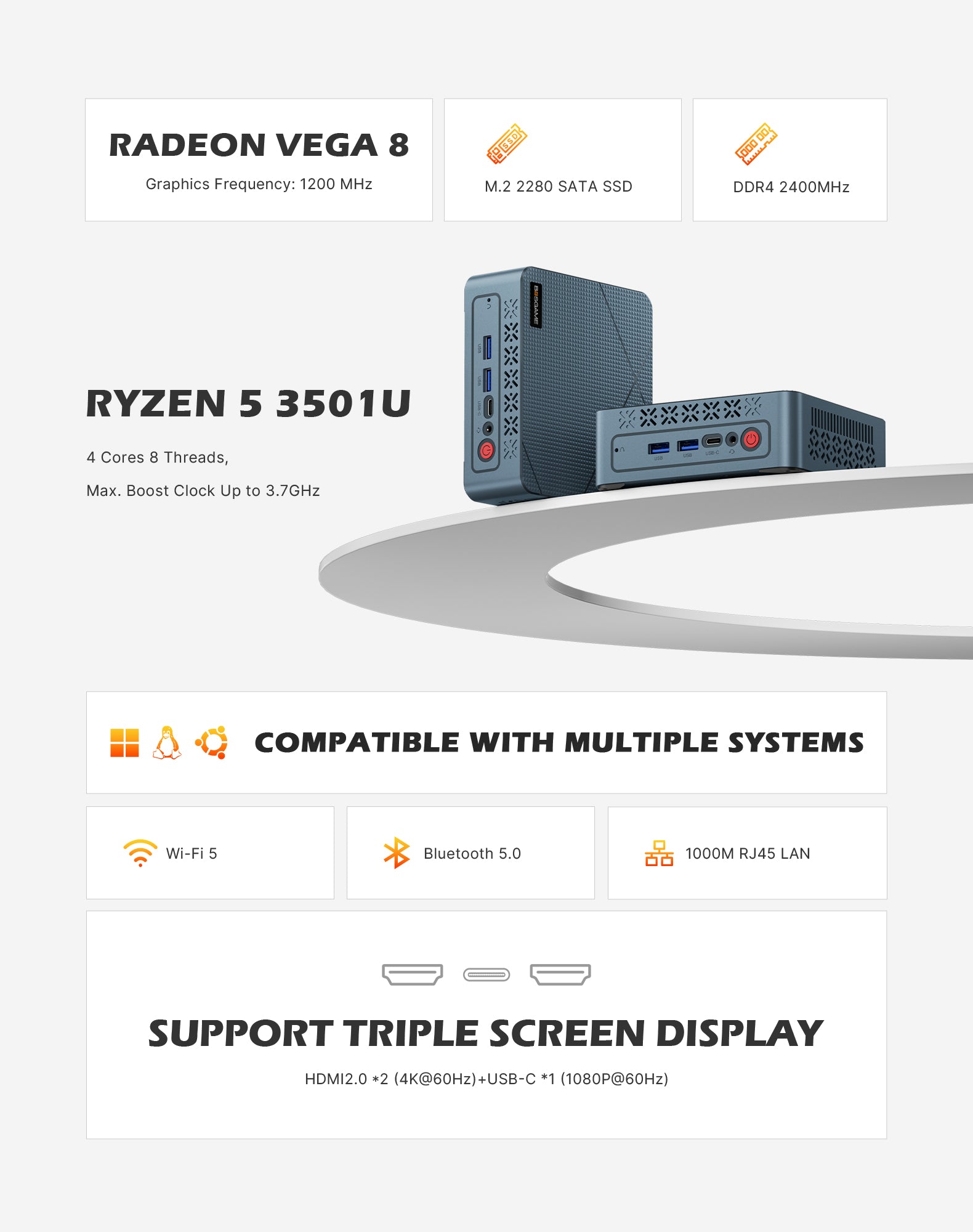 BOSGAME E2 Plus Mini PC | AMD Ryzen 5 3501U(4C/8T) | 8GB DDR4 256GB SATA SSD | Triple‑Display 4K@60Hz | Win11 Pro | Expandable RAM up to 32GB