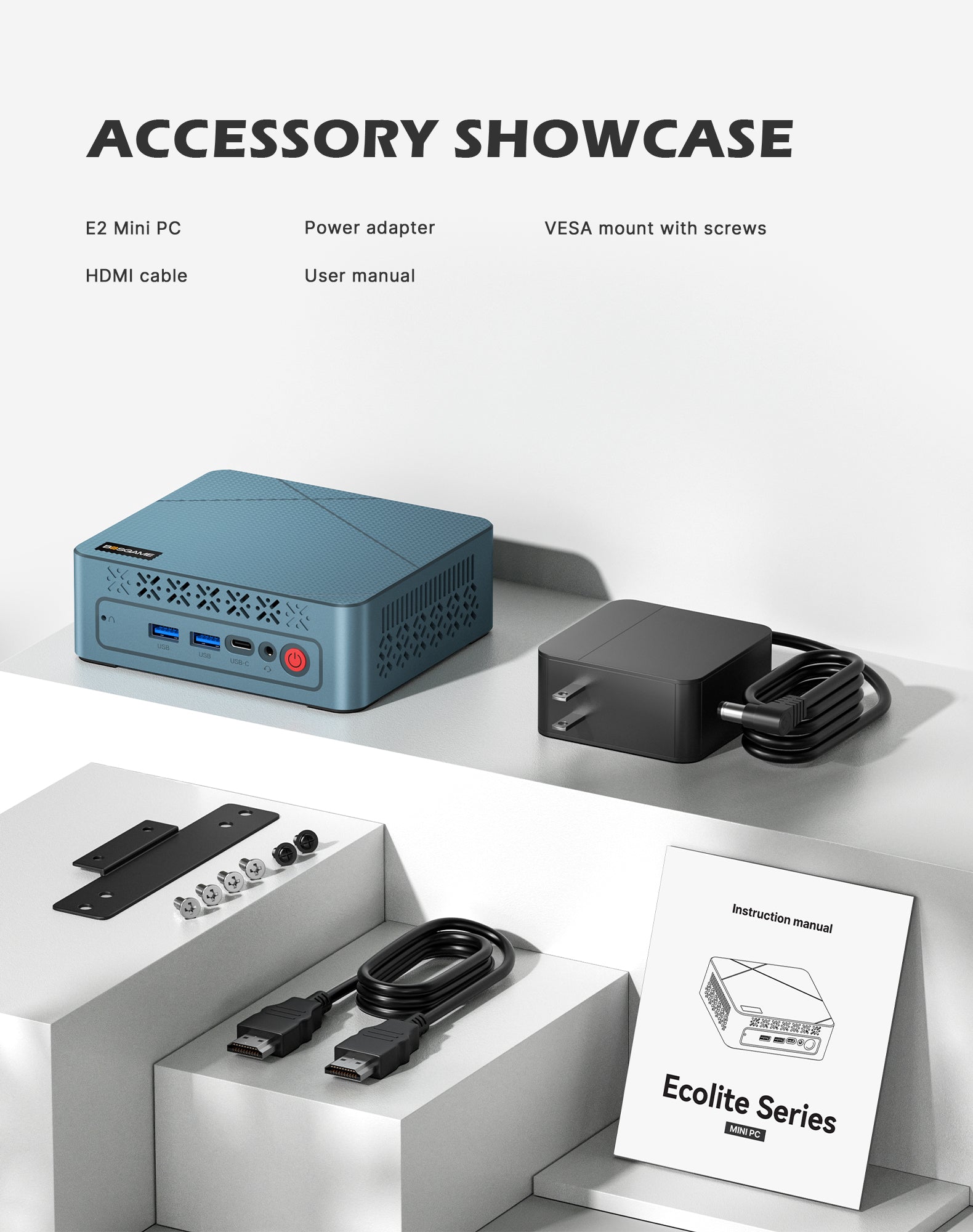 BOSGAME E2 Plus Mini PC | AMD Ryzen 5 3501U(4C/8T) | 8GB DDR4 256GB SATA SSD | Triple‑Display 4K@60Hz | Win11 Pro | Expandable RAM up to 32GB