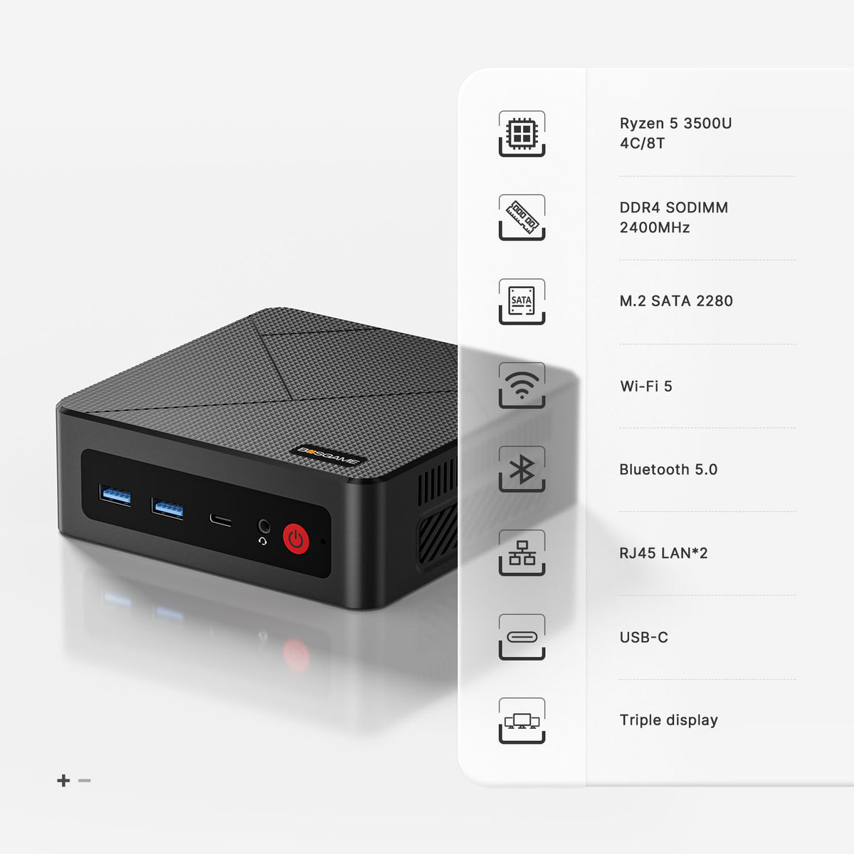 BOSGAME E4 Air Mini PC Ryzen 5 3500U 8GB DDR4 256GB SATA SSD Dual RJ45 LAN 4K Triple Display
