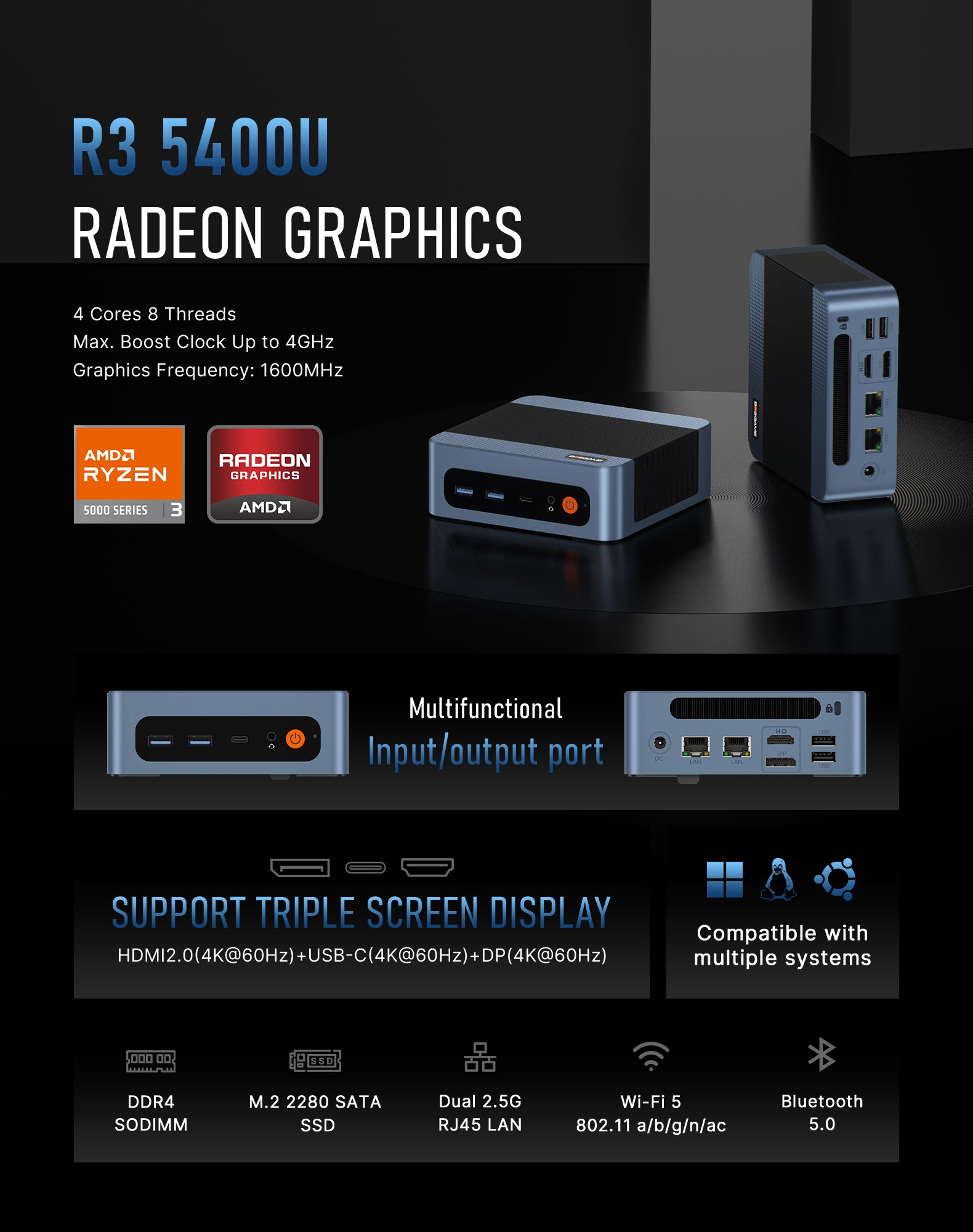 BOSGAME E5 Plus Mini PC Ryzen 3 5400U | 8GB DDR4‑256GB SSD Windows 11 Pro | Triple 4K Display Output, Dual Gigabit LAN, WiFi5 BT5.0 Small Desktop Computer for Office Business