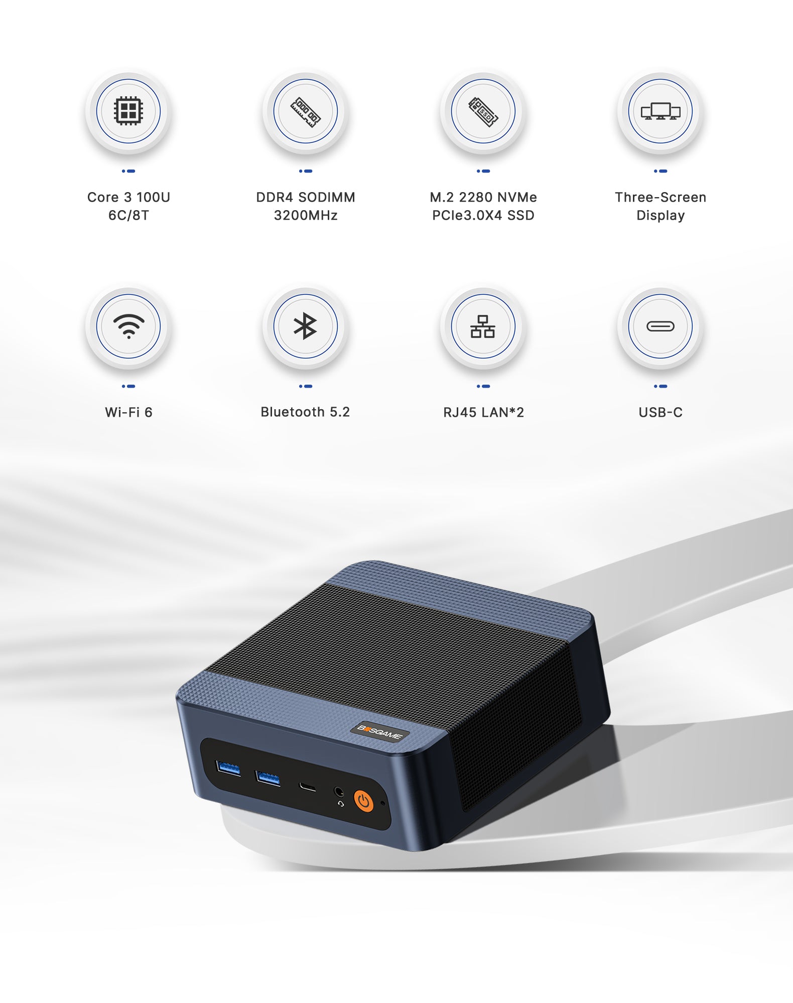 BOSGAME E7 Mini PC|Intel 4C‑8T CPU up to 4.7GHz|16GB DDR4 512GB NVMe SSD|Triple‑Display, Dual 2.5G LAN, WiFi‑6 BT5.2 Mini Computer for Office & Design