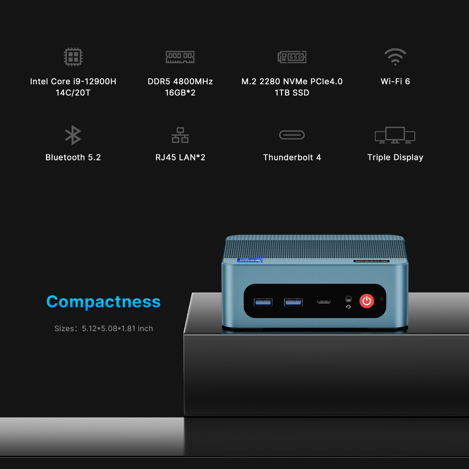 BOSGAME Intel Mini PC P2Pro, Intel Core-i9 12900H 32GB DDR4 1TB SSD Thundernblot 4 Mini PC Daul NIC PC