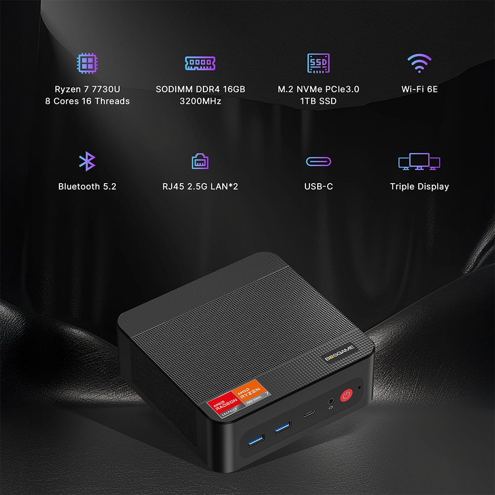 BOSGAME Mini pc P4 Ultra AMD Ryzen 7 7730U 16GB DDR4, 1TB NVMe PCIe SSD ,Dual 2.5G LAN, Wi-Fi 6E, BT5.2, 4K Triple Display