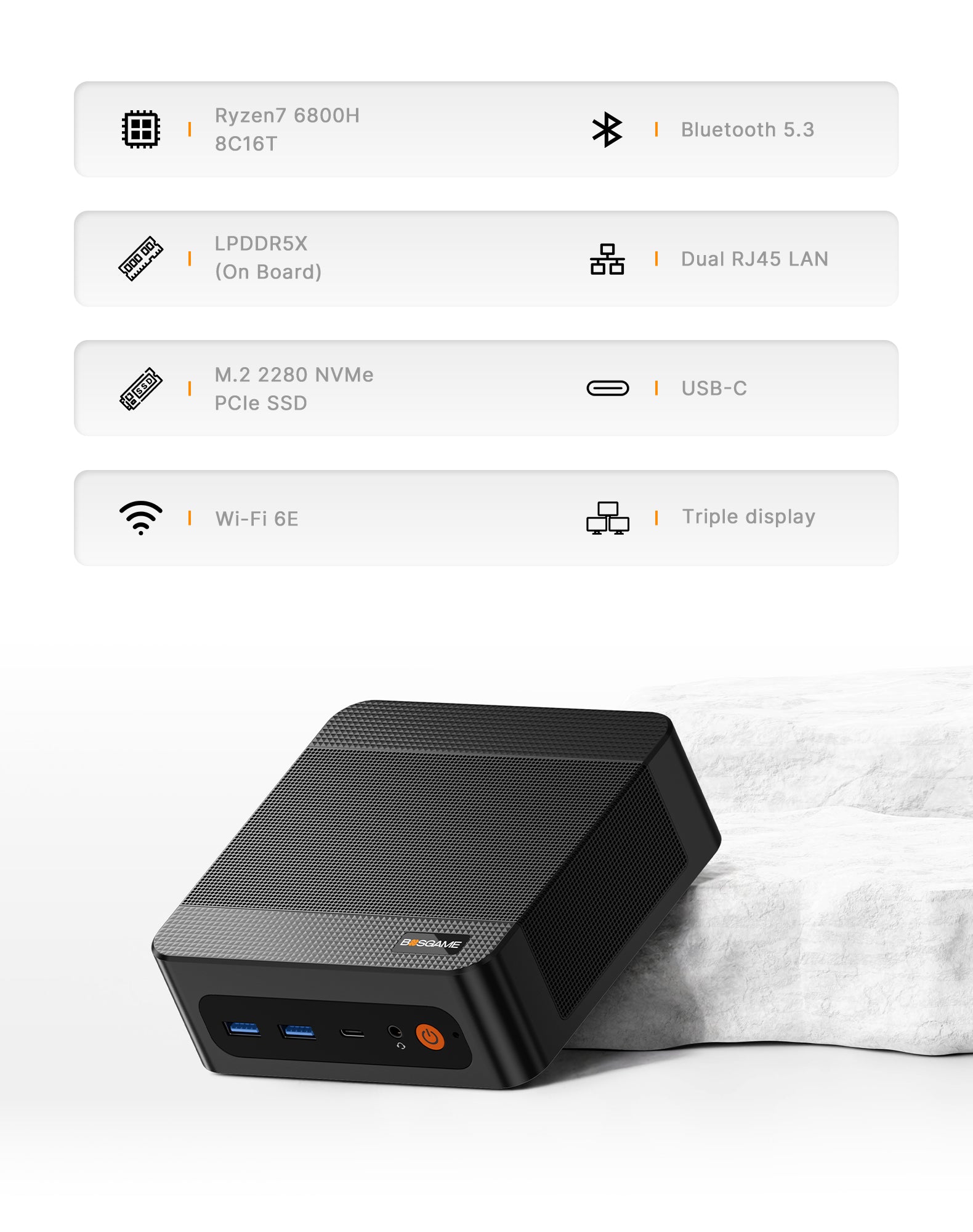 BOSGAME P6 Neo Mini Gaming PC, Ryzen 7 6800H, Radeon 680M Graphics, 24GB DDR5 RAM, 1TB PCIe 4.0x4 SSD, Triple Display (HDMI/DP/USB4), USB4 8K 60Hz, WiFi 6E, BT5.2, Dual 2.5GbE LAN