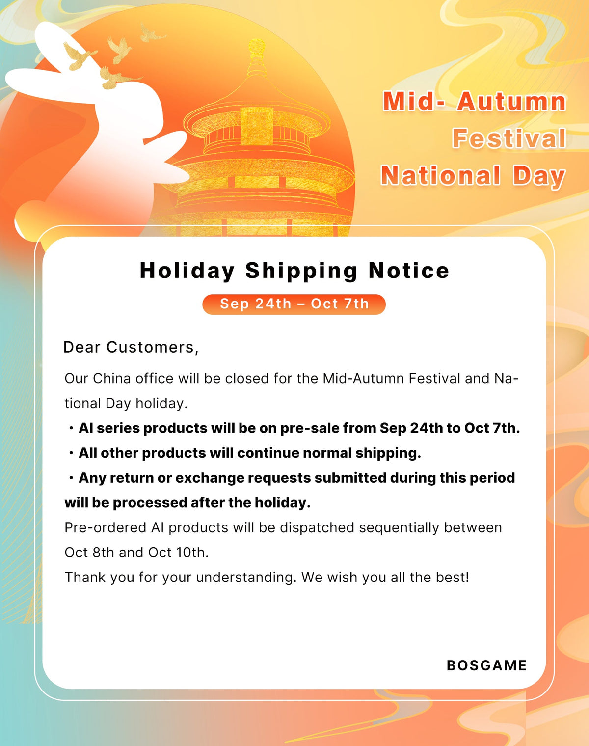 Holiday Shipping Notice | Sep 24th – Oct 7th