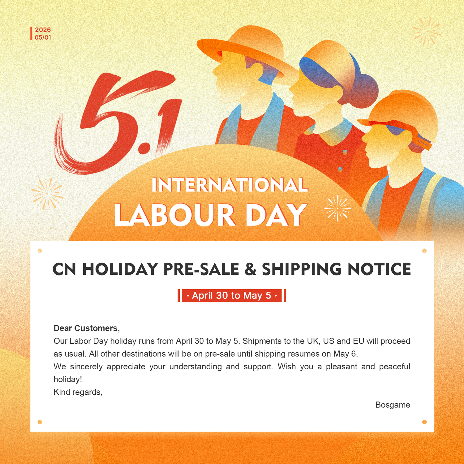 CN Holiday Pre-sale & Shipping Notice (April 30 to May 5)