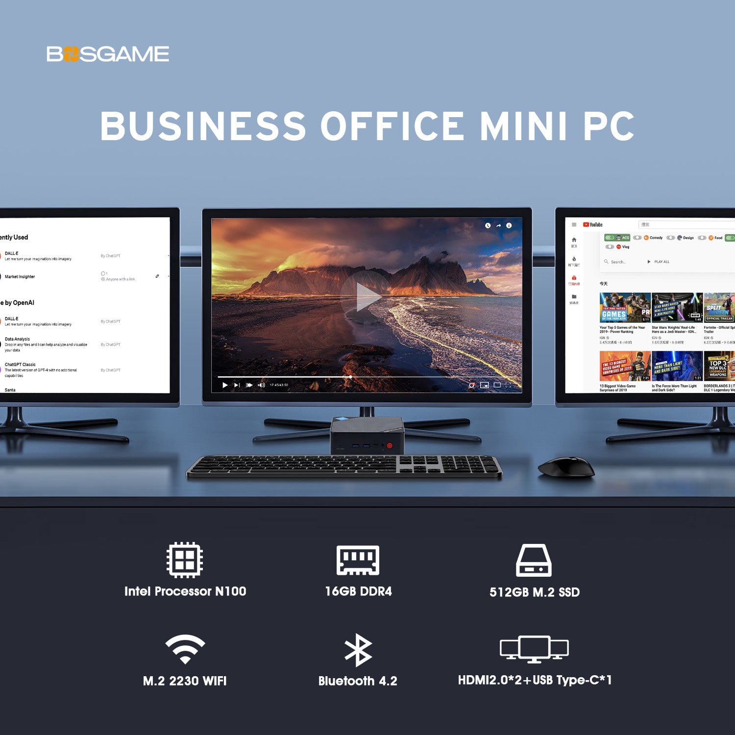 BOSGAME Mini PC B100, Intel 12th Gen Alder Lake N100, Full-feathured U