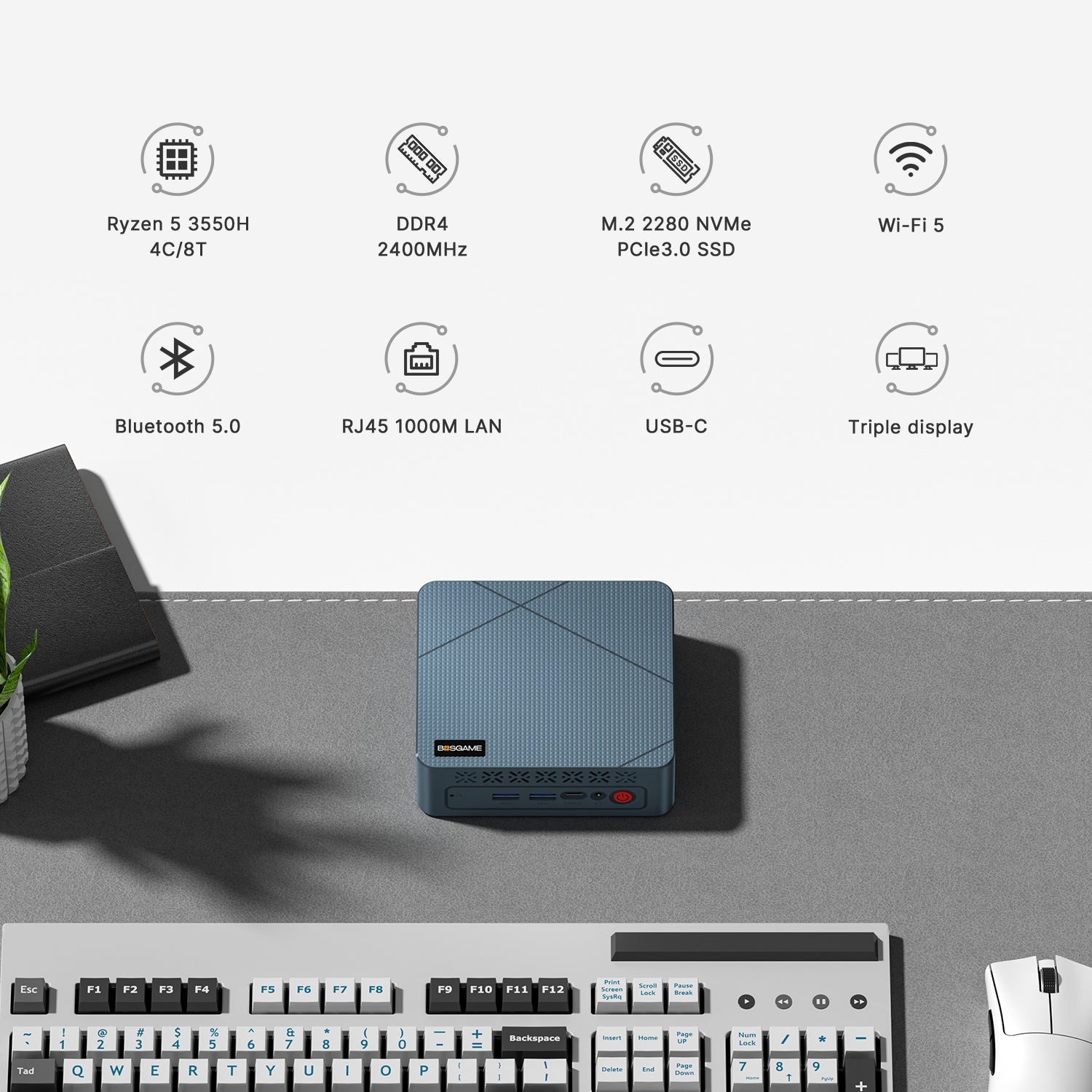 BOSGAME E2 NEO Mini PC  AMD Ryzen 5 3500U (up to 3.7GHz), 16GB DDR4 RAM 512GB NVMe SSD, 4K Triple Display via Dual HDMI & USB-C, WiFi 5, BT 5.0, Mini Enterprise Office Desktop Computer