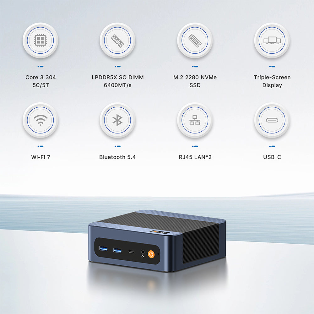 BOSGAME E6 ECO Mini PC Intel Core 3 304 5-Core 12GB LPDDR5X 512GB NVMe SSD Dual 2.5G LAN Wi-Fi 7 4K Triple Display Windows 11 Small Desktop Computer