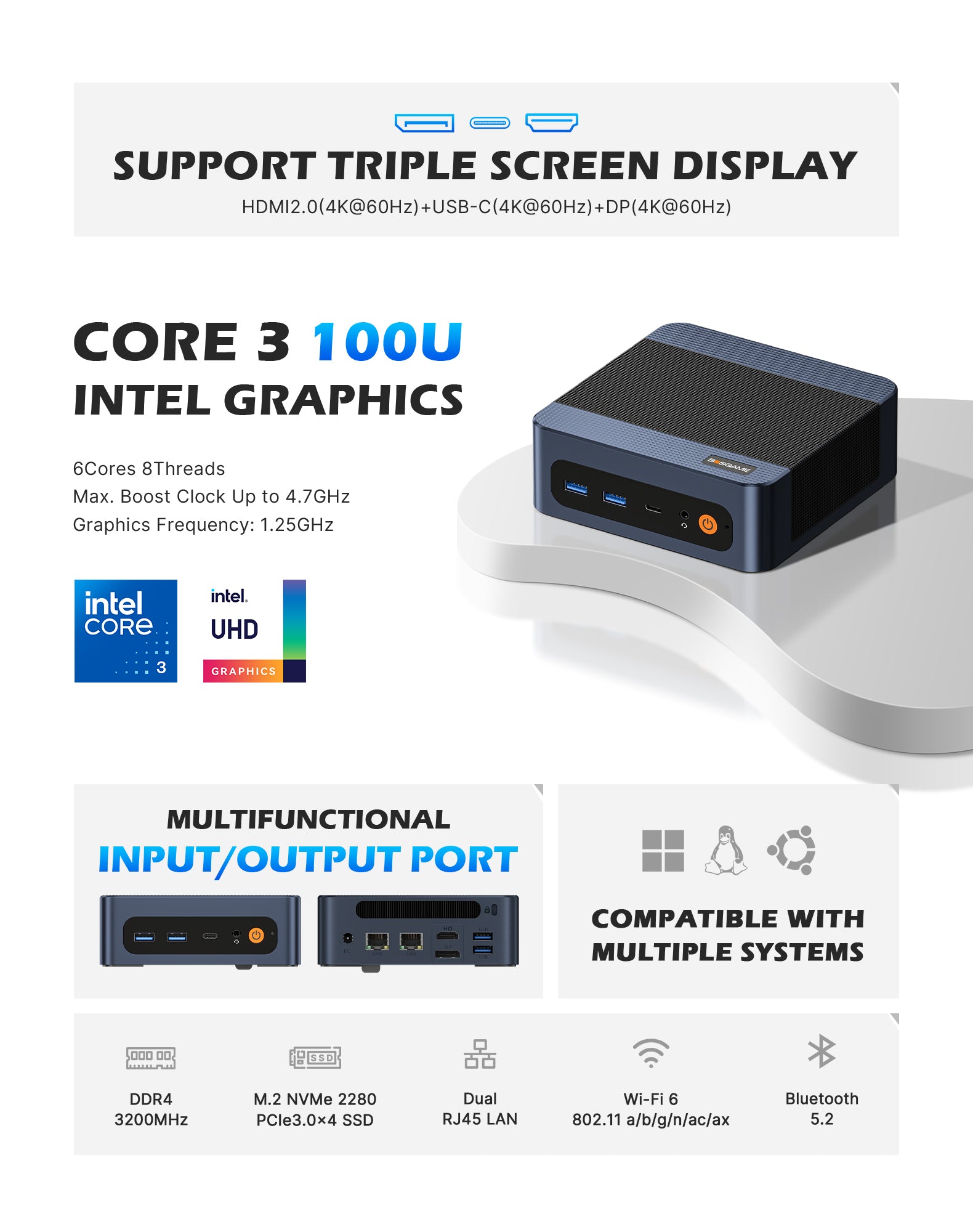 BOSGAME E7 Mini PC｜Intel 4C‑8T CPU up to 4.7GHz｜16GB DDR4 512GB NVMe SSD｜Triple‑Display, Dual 2.5G LAN, WiFi‑6 BT5.2 Mini Computer for Office & Design