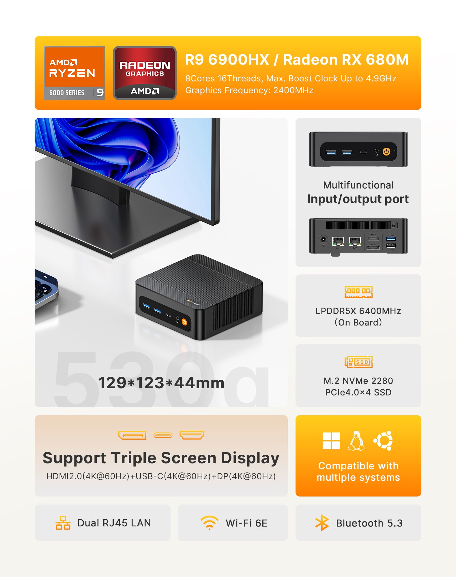 BOSGAME P6 Mini PC - Ryzen 9 6900HX Processor 32+1TB